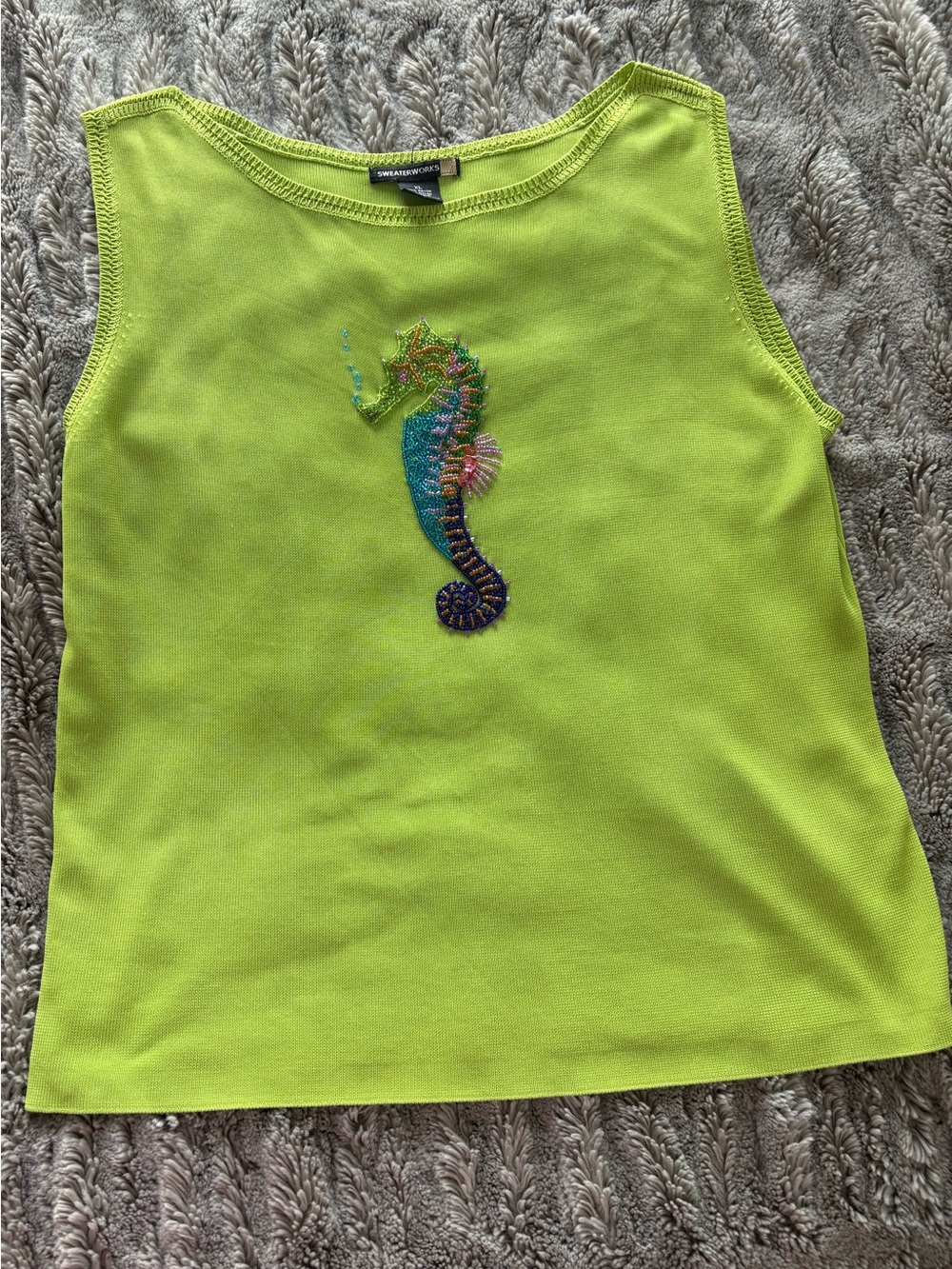 Sweaterworks Lime Green Knit Tank with beaded Seahorse Detail